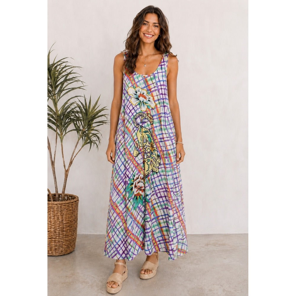 Me369 Maxi Dress sz S Multicolor Tiger Floral Geometric Viscose artsy Boho silky